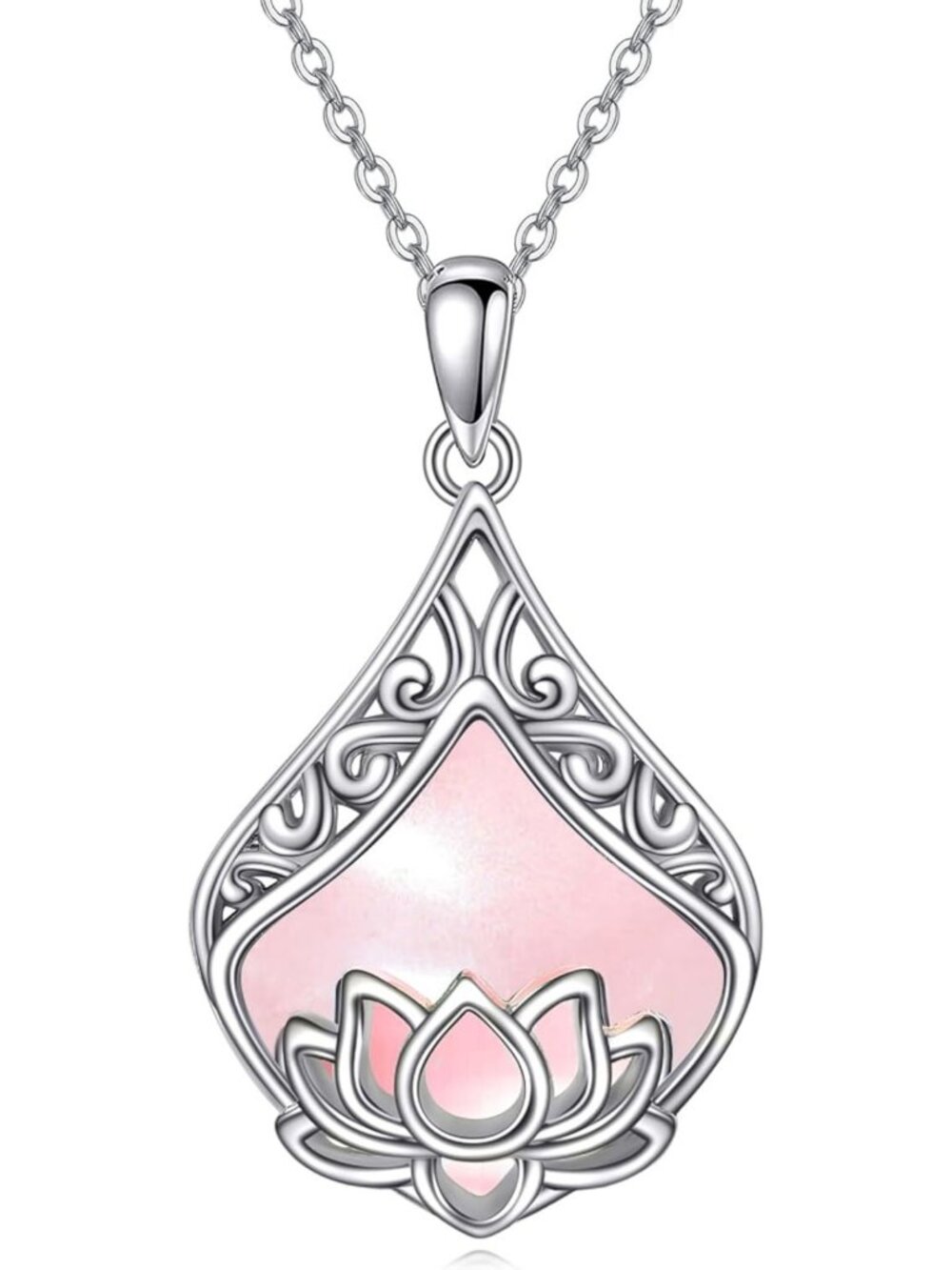 Elegant Lotus Flower Necklace - 925 Sterling Silver Teardrop Rose Quartz